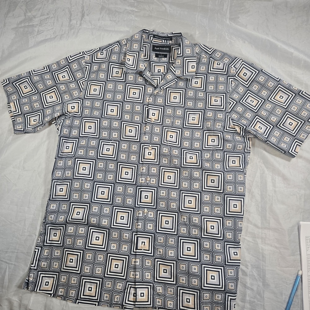 Paul Fredrick Men's L Geometric Print Short Sleeve Button Front Shirt Classic